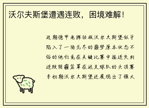 沃尔夫斯堡遭遇连败，困境难解！